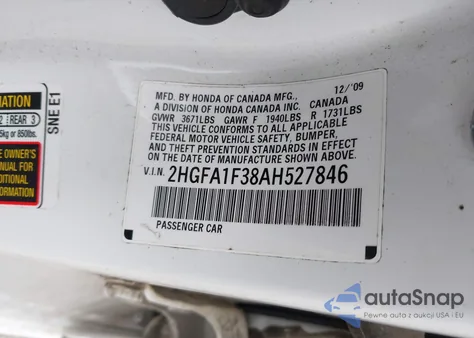 2010 Honda Civic Vp from USA, damaged, VIN 2HGFA1F38AH527846